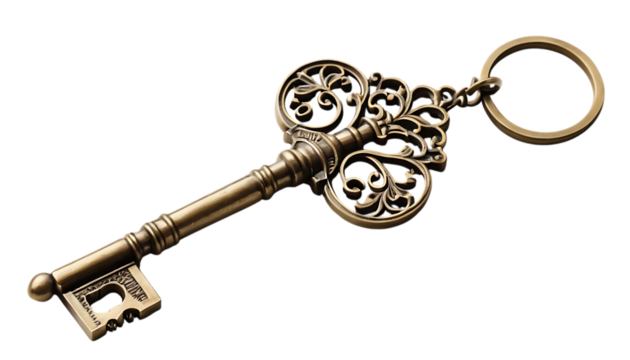 High-resolution image of an antique brass key with intricate detailing png