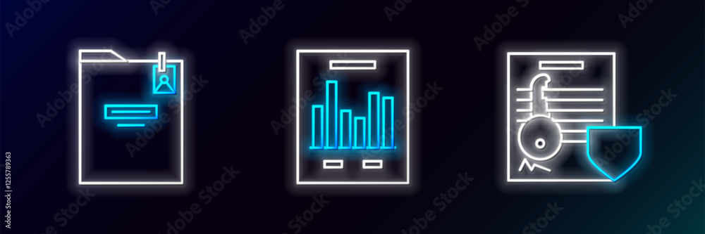 Poster set line document with key with shield, personal folder and graph chart icon. glowing neon. vector