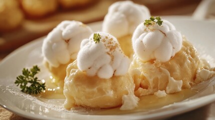 A sweet treat topped with whipped cream on a white plate