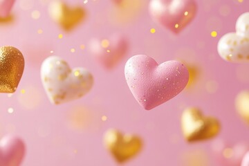 Fototapeta premium A cluster of pink and gold hearts suspended in mid-air, perfect for Valentine's Day or romantic occasions