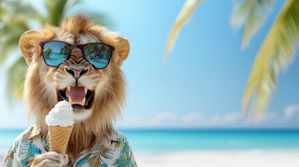 Lion wearing sunglasses, enjoying ice cream on a tropical beach, with clear turquoise waters in background.