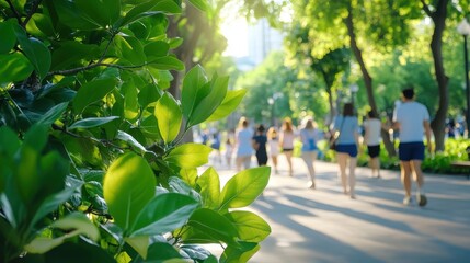 Sunlight filters through green leaves, blurred people stroll on park path.
