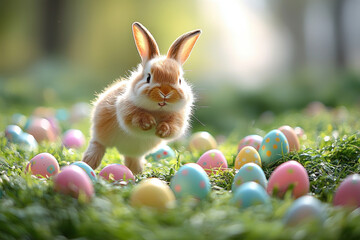 Bunny hopping in grass with Easter eggs during spring
