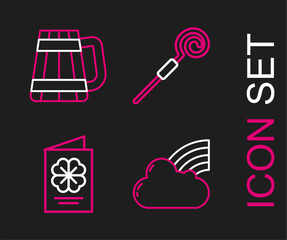 Set line Rainbow with cloud, Saint Patricks Day flyer, brochure, postcard, Walking stick and Wooden beer mug icon. Vector