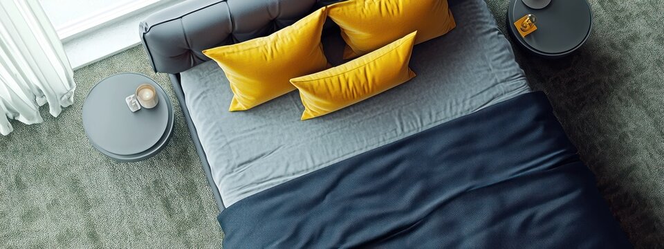 Une chambre d'h&ocirc;tel avec un lit avec drap et couverture gris, des oreillers jaunes, deux tables de nuit rondes, de la moquette au sol, des rideaux blancs &agrave; la fen&ecirc;tre, vue de dessus.