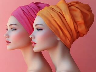 Mannequins in Vibrant Pink and Orange Headwraps Against Soft Pink