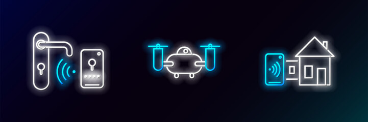 Set line Smart home, Digital door lock with wireless technology for unlock and Drone flying action camera icon. Glowing neon. Vector