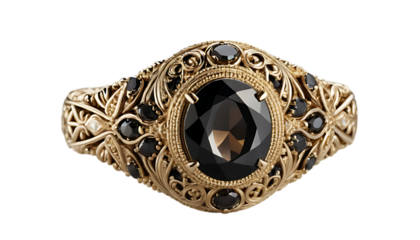 Intricate gold ring featuring a detailed design and dark gemstone png