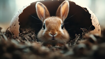 Fototapeta premium A serene bunny rests in a natural earthy nest, embodying tranquility and connection to nature, creating a peaceful atmosphere that invites viewers to relax and reflect.