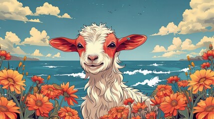 A cheerful goat surrounded by vibrant flowers and ocean waves under a bright sky.