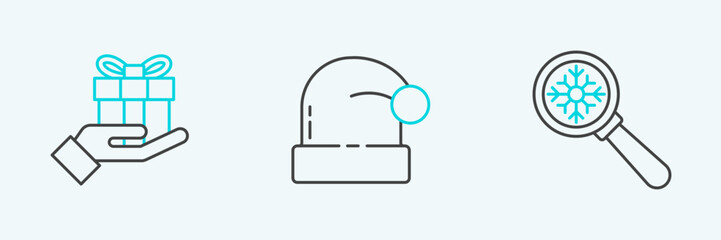 Set line Magnifying glass with snowflake, Gift box hand and Christmas Santa Claus hat icon. Vector