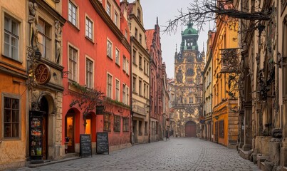 Cobblestone street with colorful buildings leading to clock tower in old European town