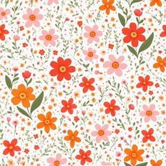 Floral pattern. Pretty flowers on a white background. Printing with small orange, red, and pink flowers. Ditsy print. Spring Bouquet.A white background, red and orange small flowers pattern.