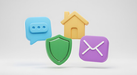 Fototapeta premium 3D Render of Message Home Shield and Email Icons Protection