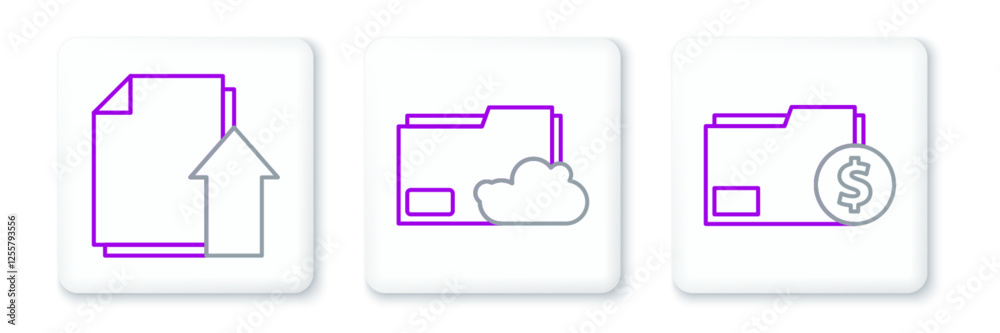 Poster set line finance document folder, upload file and cloud storage text icon. vector