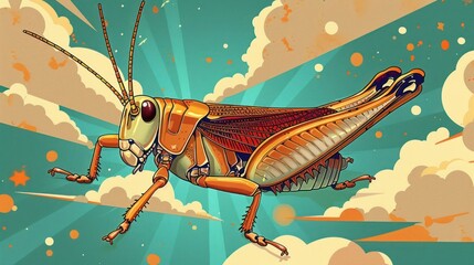 A vibrant, stylized illustration of a grasshopper soaring through a colorful sky.