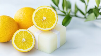 Fresh lemons & handmade soap on white.  Perfect for spa or beauty ads