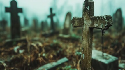 This haunting cemetery image features old gravestones shrouded in thick fog, creating an eerie atmosphere that evokes feelings of nostalgia and loss amidst nature's quiet embrace.