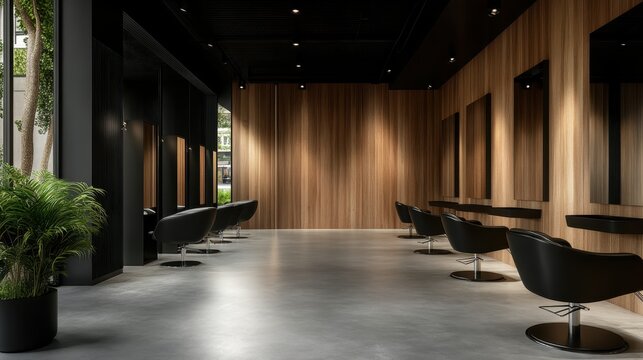 A fashionable hair styling salon featuring black chairs and wooden walls, creating a relaxed yet modern environment for personal beauty care.