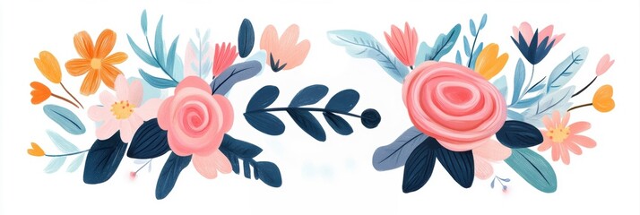 Colorful floral arrangement with pink roses and various flowers on a white background.