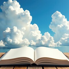 Fluffy white clouds drift above an open book, pages blank , outdoor, sunlight, clouds