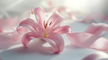 Fototapeta premium Pink Lily Blossom with Delicate Ribbon on White Background