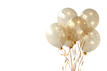 Bouquet bunch of realistic transparent golden ballons isolated on transparent or white background, png