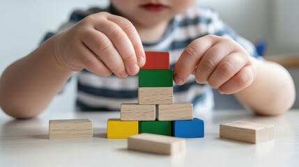 Fototapeta premium Toddler Playing with Colorful Wooden Blocks