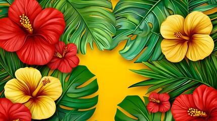 Fototapeta premium Vibrant Tropical Flowers and Leaves on Bright Yellow Background