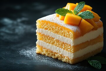 A delectable treat showcasing layers of cake and cream topped with fresh mango chunks and mint leaves creating a culinary delight