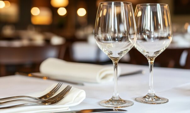 Empty wine glasses on a restaurant table setting, ready for diners, warm background lights
