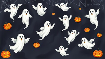 Spooky Halloween Ghosts and Pumpkins Design Festive Autumn Illustration Dark Background