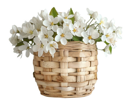 PNG Wicker basket with white blooms flowers blossoms spring.