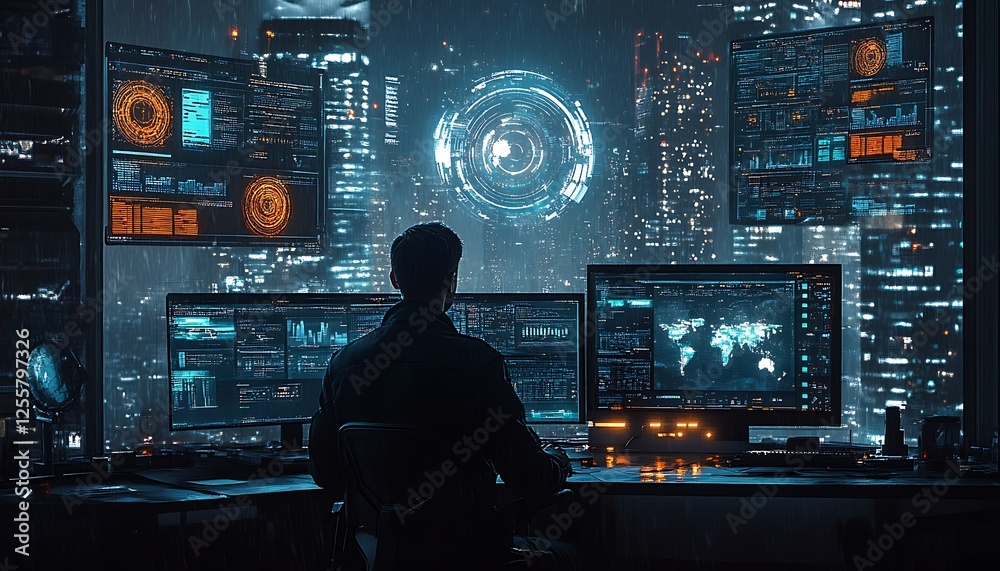 Poster hacker working late at night in front of multiple monitors displaying data and a rainy city view.