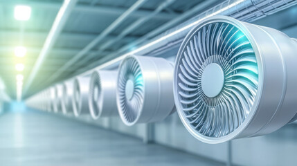 Row of modern air fans with integrated lighting creating a sleek minimalist look in a contemporary space