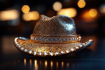 Golden Glamour: A sparkling jeweled hat reflects the ambient light exuding luxury and style against a dark bokeh-lit backdrop