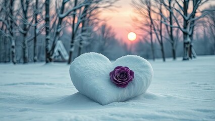 Romantic Snow Heart with Purple Rose at Sunset in Winter Wonderland