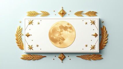 Celestial Golden Moon Art Print Elegant Gold Stars Arrows Leaves Design