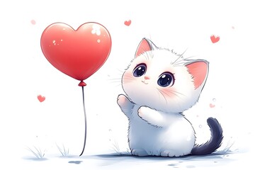 Cute cartoon cat with a heart-shaped balloon