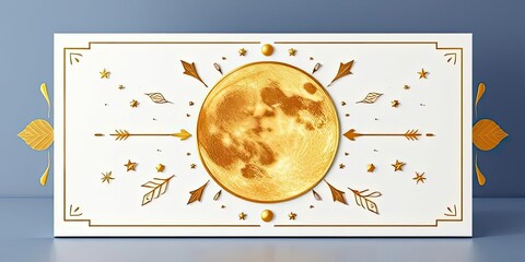 Golden Celestial Moon Art Print Boho Chic Decor Arrows Stars Leaves Mystical White Background Gold