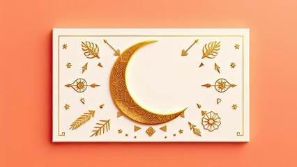 Golden Crescent Moon with Boho Chic Tribal Design Elements on White Background