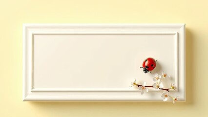 White Frame with Ladybug and Spring Blossoms Minimalist Nature Scene Blank Space