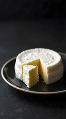 A perfectly round wheel of brie cheese is placed on a clean black surface, showcasing its creamy texture and elegant lighting