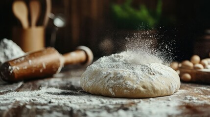 Obraz premium An action shot capturing dough with flour flying in the air against a rustic wooden table, conveying the energy and excitement of the baking process in a homely kitchen.