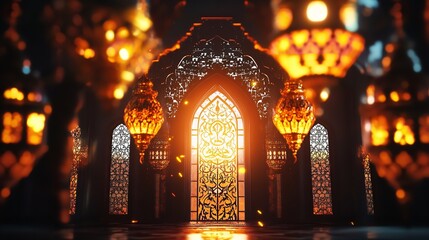 3D render of an Arabic themed product display background for advertisement featuring a moon stars and an Arabic lamp