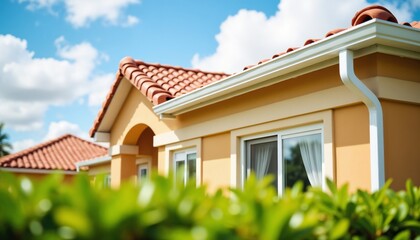 Naklejka premium Sunny view of a charming residential house with terracotta roof and greenery in foreground