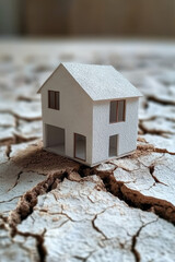 Maison miniature sur sol craquelé, symbolisant la sécheresse ou les catastrophes naturelles et climatiques

Mots-clés :
