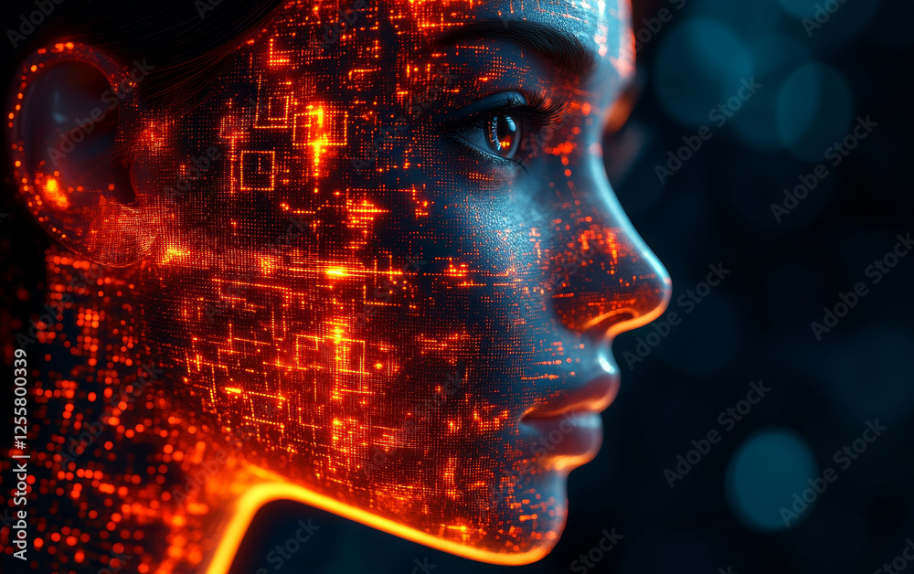 Poster digital face with glowing patterns and data visualization