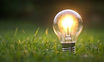 Glowing lightbulb in grass at sunset, symbolizing innovation & eco-friendly ideas
