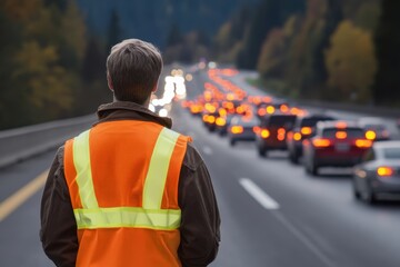 Traffic Safety Worker Overlooking Congested Highway at Dusk